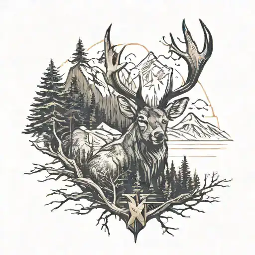 mountain decor with a forest, a deer head, a small A in Gothic, the number XX in Roman numerals tattoo design idea