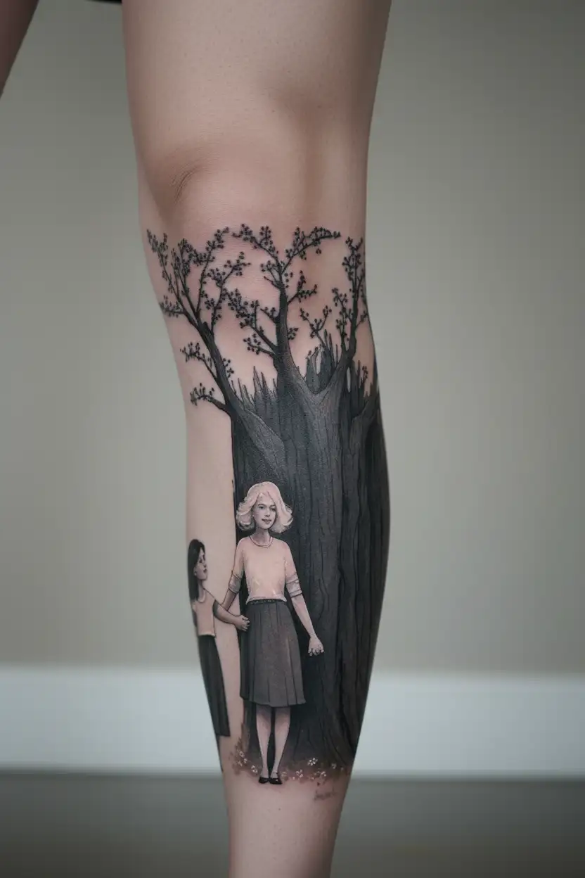 granddaughter and grandmother holding hands, girl with dark hair, woman with white hair, hawthorn tree, nature scene tattoo design idea