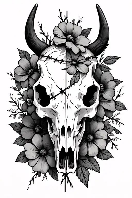 half Cow skull half flowers with barbed wire and background. western grunge tattoo design idea