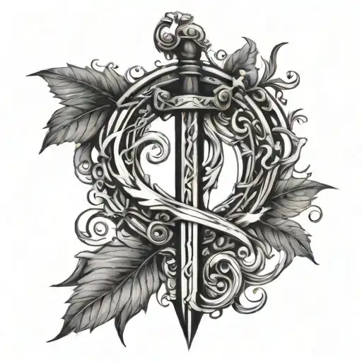 12:58 number with with a black sword and a vine going around it all  tattoo design idea