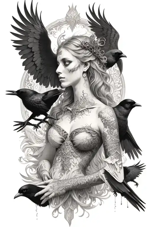 morrigan goddess of death with crows around her tattoo design idea