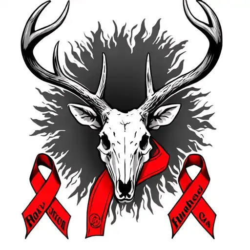 fierce buck skull with leukemia ribbon  tattoo design idea