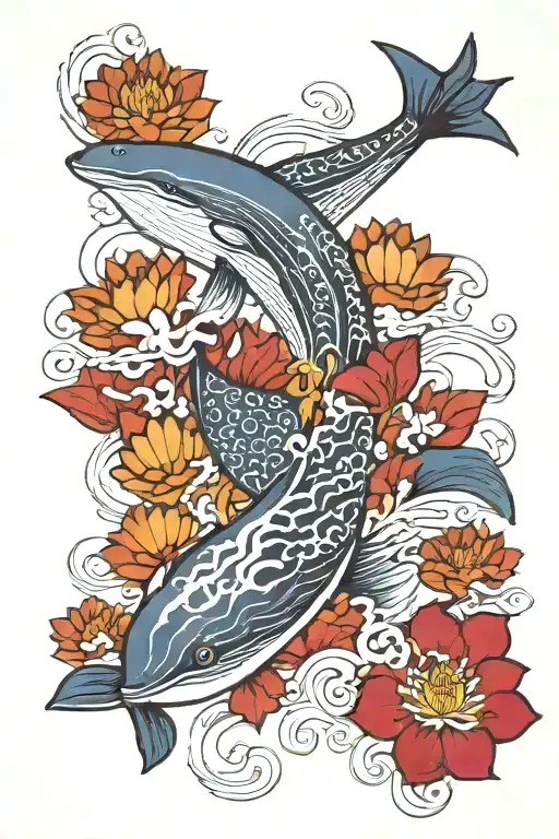 whale and lotus flower finger waves cover tribal tattoo design idea