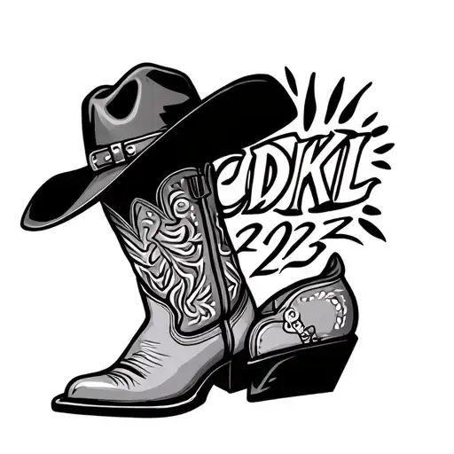 Girly cowboy boot and hat fine Outline wit the year 2023 included and letters CDKL to support and to symbolise friendhip tattoo design idea