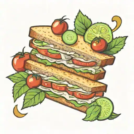 tattoo of tuna salad sandwich on thick sliced toasted bread with tomato, onion, cucumber. The tuna salad uses large flak tattoo design idea