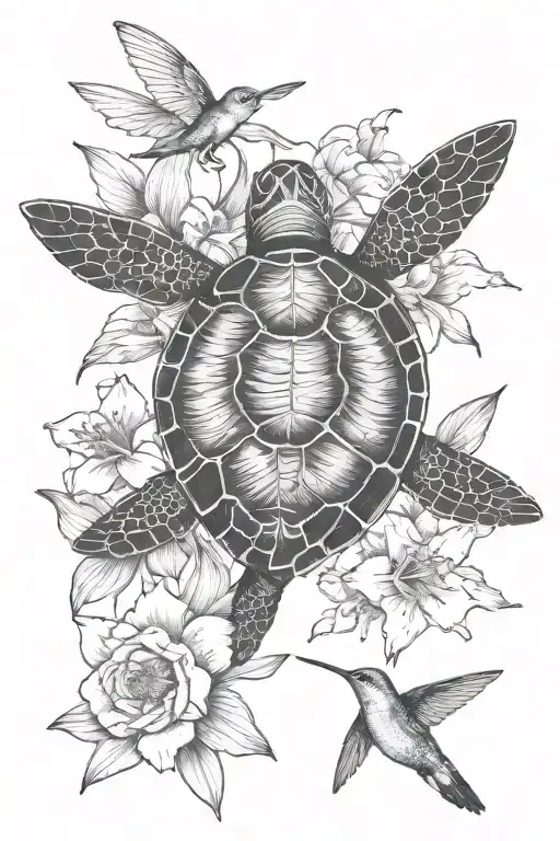 sea turtle swimming, hummingbird flying, lily flower, carnation flower, Hibiscus flower, dragonfly tattoo design idea