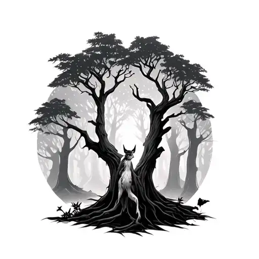 princess mononoke forest background with tree spirits tattoo design idea