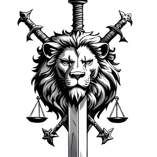 lion head crossed swords with cracks in the blades and the scales of justice tattoo design idea