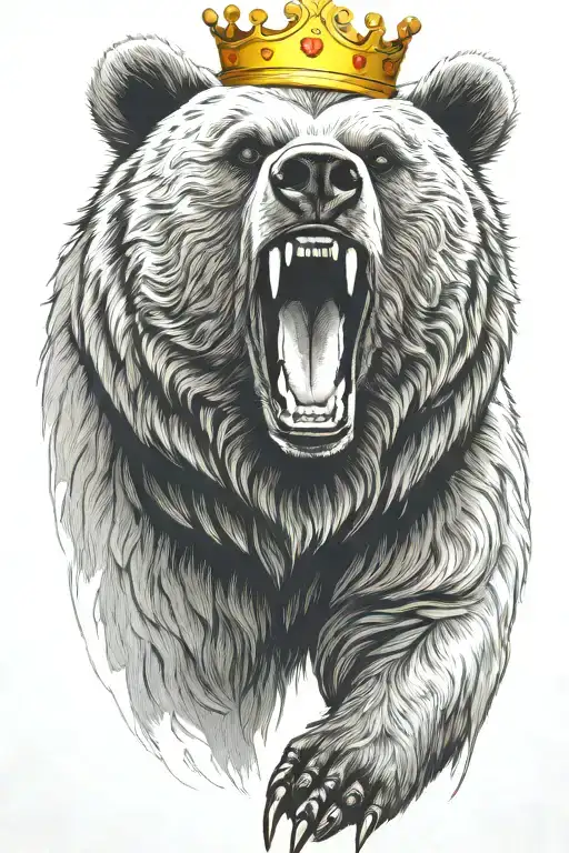 grizzly bear wearing a gold crown. mouth open showing teeth. facing forward. full body. large paws and claws tattoo design idea