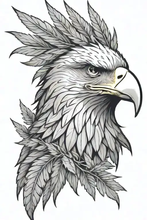 Eagle's head, three-quarter view. Surrounding feathers resemble stylized cannabis leaves, framing the face.   tattoo design idea