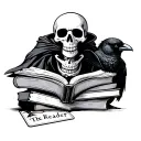 a skeleton reading if with a stack of books and a crow tarot card named the reader tattoo design idea