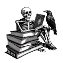 a skeleton reading if with a stack of books and a crow tarot card named the reader tattoo design idea