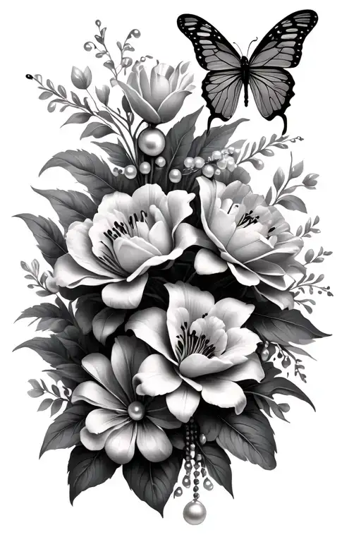 lily and peonie flowers and greenery with small 3d butterfly and stand of pearls intertwined  tattoo design idea