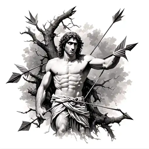 st. sebastian tied to tree shot with arrows tattoo design idea