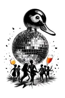 disco ball with people dancing inside and incorperate a duck and an aperol spritz tattoo design idea