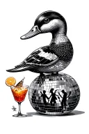 disco ball with people dancing inside and incorperate a duck and an aperol spritz tattoo design idea
