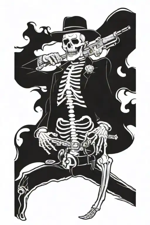 full body skeleton western gun slinger with a mustache tattoo design idea