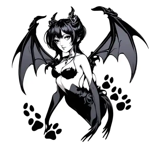 anime succubus style tatttoo with paw prints incorporated into it tattoo design idea