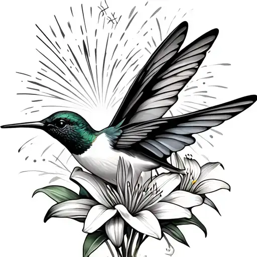 hummingbird with butterfly wings with lily flowers and fireworks  tattoo design idea