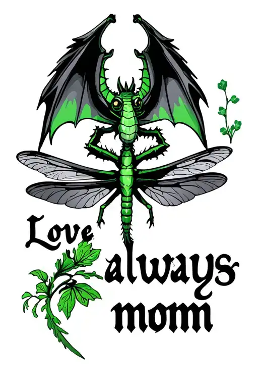 "Love always mom" coheed dragon fly with green accents  tattoo design idea