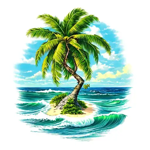 island of aruba, divi tree, ocean waves tattoo design idea