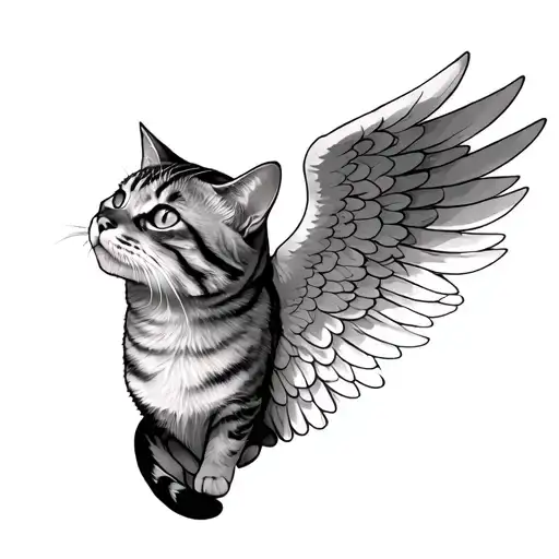 Cat Angel side view angel wings looking up tattoo design idea