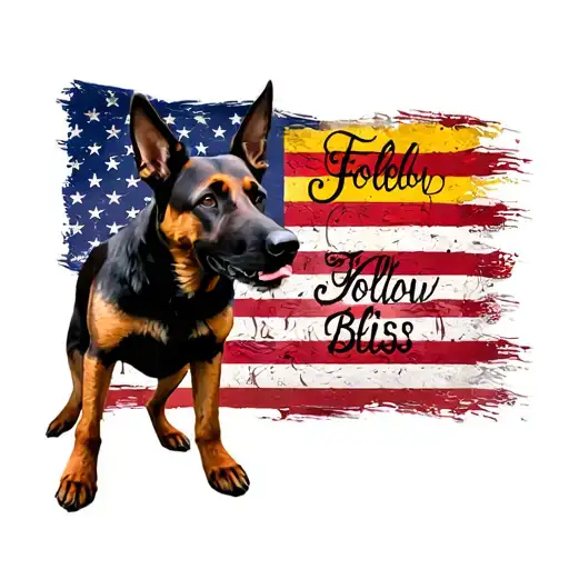 "Follow your bliss " American flag Belgium Malinois dog tattoo design idea