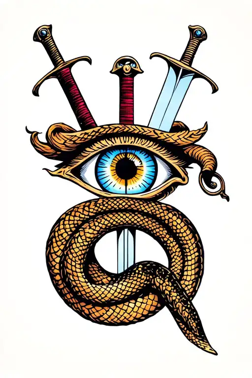 tatto of vision eye ,sword ,and snake in straight line tattoo design idea