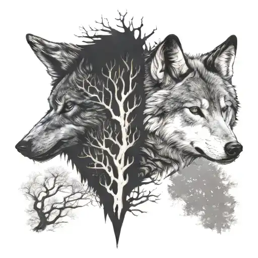 half tree and half wolf head tattoo design idea