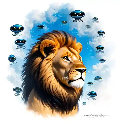 cute & small lion, face completely up, left side pose,  blue colored distant sky far from him filled with  many aliens tattoo design idea