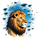 cute & small lion, face completely up, left side pose,  blue colored distant sky far from him filled with  many aliens tattoo design idea