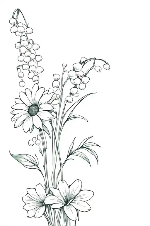 Bouquet of flowers with lily of the valley, chrysanthemums and Morning Glory tattoo design idea