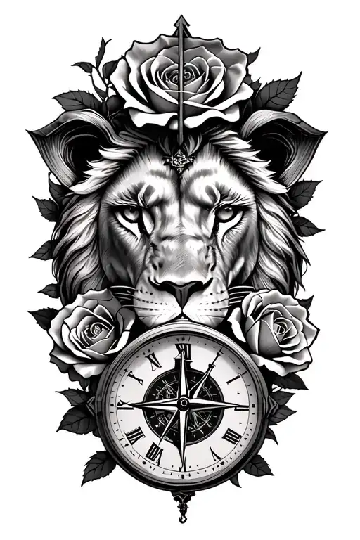 lions eye sourronded by roses with a cross somewhere a compass and a old watch tattoo design idea