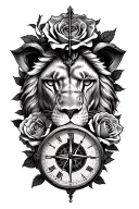 lions eye sourronded by roses with a cross somewhere a compass and a old watch tattoo design idea