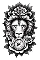 lions eye sourronded by roses with a cross somewhere a compass and a old watch tattoo design idea