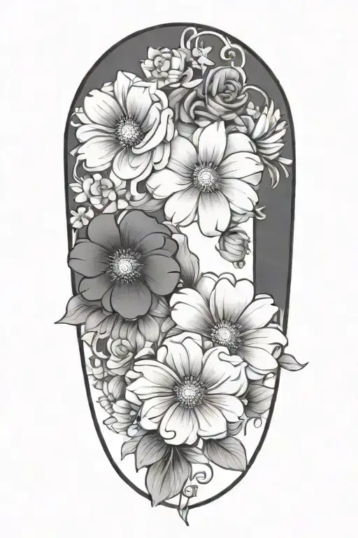 An intricate tattoo with a chain of daisys cosmos flowers and roses tattoo design idea