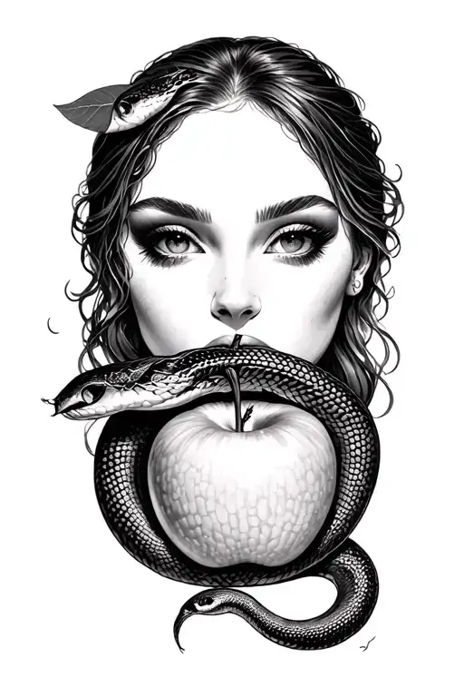 eve eating the apple and snake coiled tattoo design idea