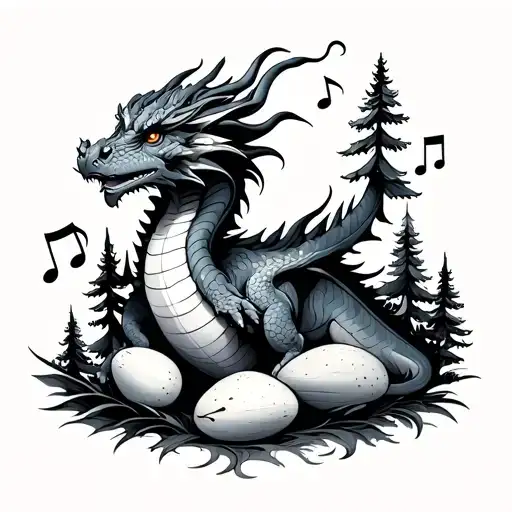 Fine line style, A mother dragon with 2 eggs, pine trees, music, the letter W and fantastical elements tattoo design idea