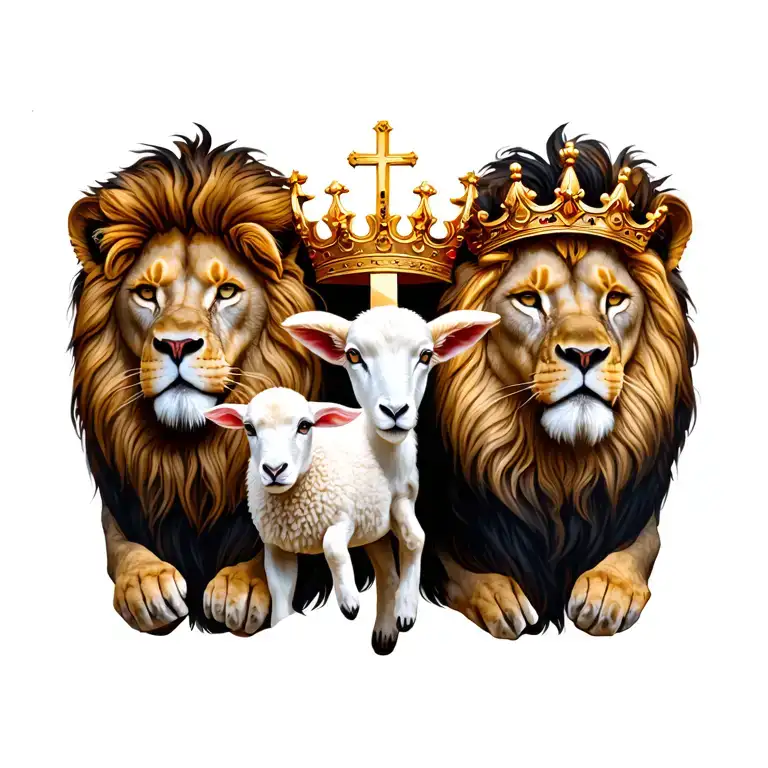 2 lions  , a lamb,a cross and a crown tattoo design idea