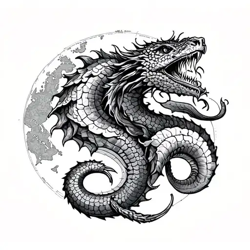Old world sea serpent map iconography detailed tattoo design idea