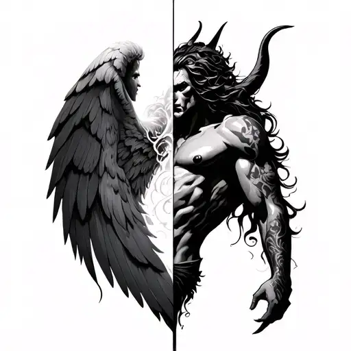 half angel half demon showcasing the duality of man tattoo design idea