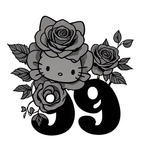 angle numbers 999 with roses and hello kitty  tattoo design idea