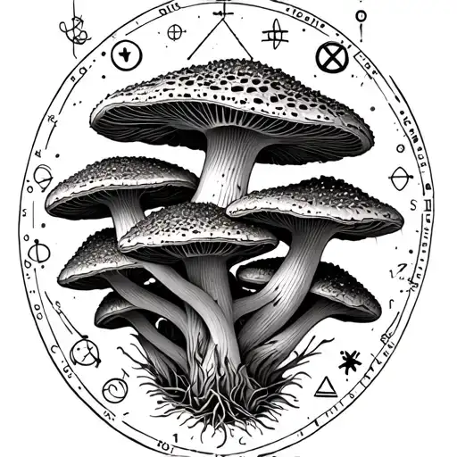 A detailed blackwork tattoo of a cluster of Morel mushrooms intertwined with science symbols tattoo design idea
