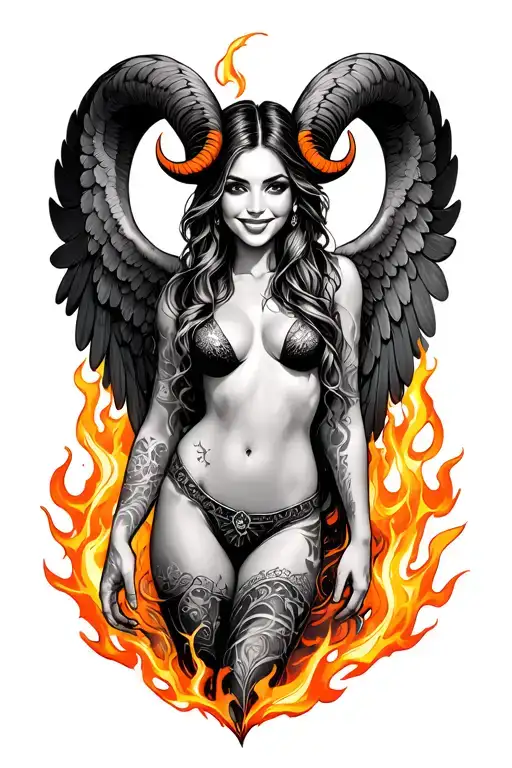 aries zodiac sign sexy smiling female wings fire surrounded tattoo design idea