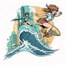 A playful tattoo design of anime characters surfing on top of boobs, set against a backdrop of a futuristic city skyline, capturing the client's unique sense of humor and love for anime and the city tattoo design idea