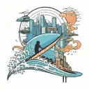 A playful tattoo design of anime characters surfing on top of boobs, set against a backdrop of a futuristic city skyline, capturing the client's unique sense of humor and love for anime and the city tattoo design idea