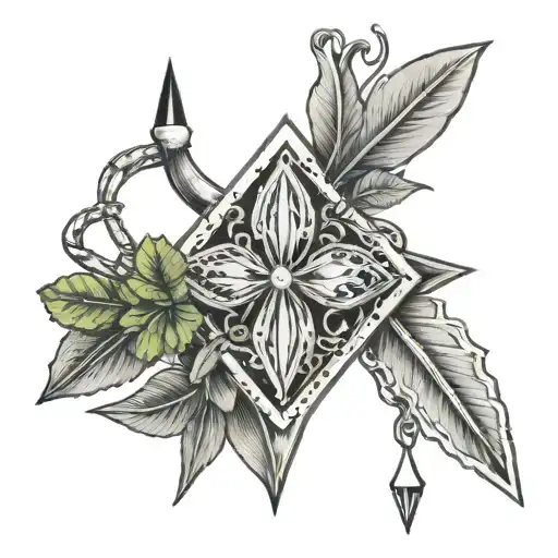 tarot card with 3 arrowheads, shamrock, and horseshoe in neo traditional fine line  tattoo design idea