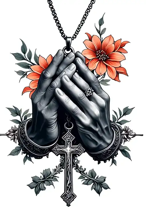 dark colors pray hands holding cross necklace tattoo design idea
