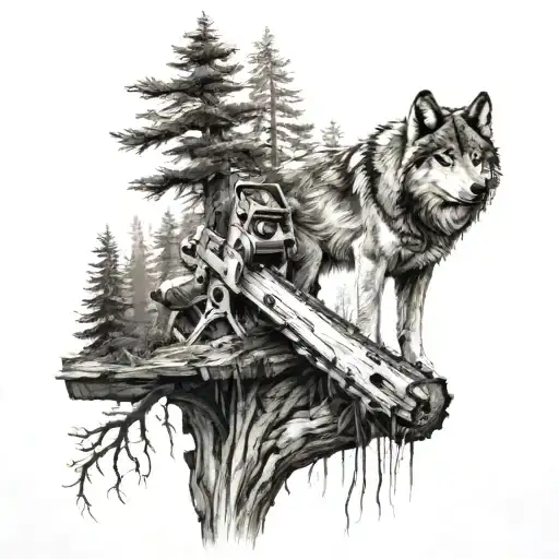 there is a forest in the middle, a stump on it, a chainsaw, and a wolf is looking out of the forest tattoo design idea