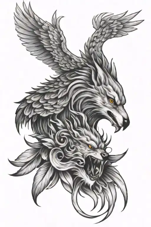 phoenix bird and wolf head tattoo holding tattoo design idea